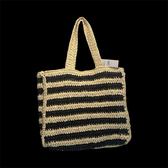 LOFT Handbags - LOFT Straw Striped Black and Cream Tote Bag Snap Close New With Tags